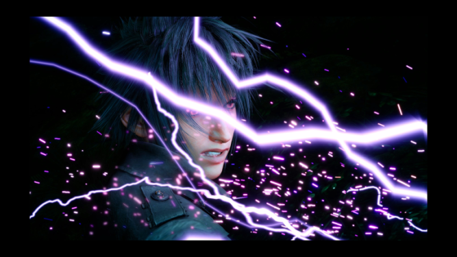 You can see pink lines and dashes across the image and behind stands Noctis with a determined look on his face
